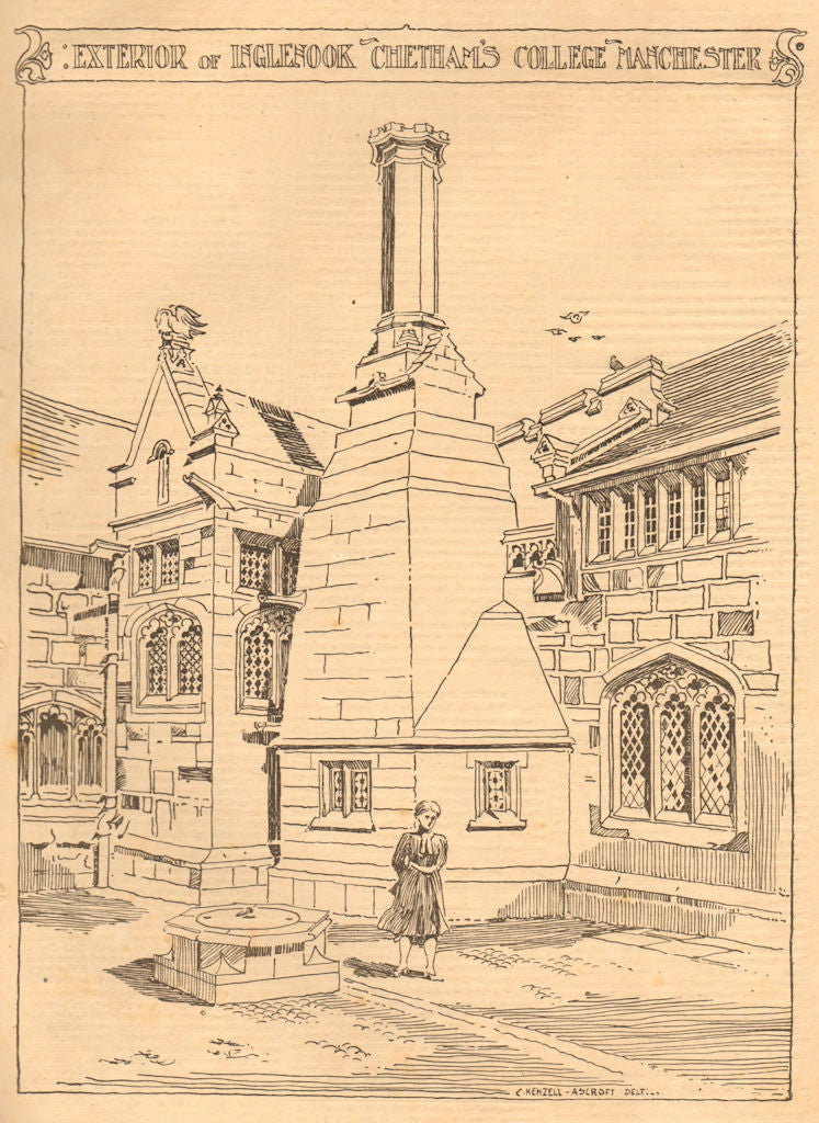 Exterior of Inglenook Chetham's College Manchester. Lancashire 1899 old print